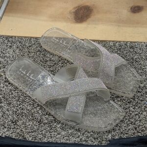 Nicole Miller Women's Size 8 Clear Jelly Flat Sandals Cross Straps Rhinestones
